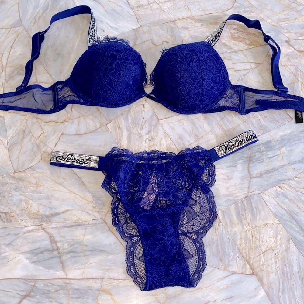 2 Pc‎ Set 32B Very Sexy Bra + Small Panty Victoria’s Secret PushUp Navy Blue New